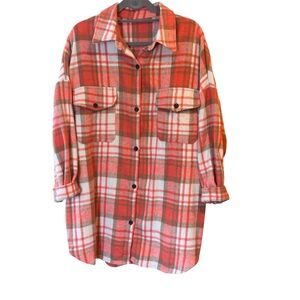 Peach & Tan Plaid Oversized Flannel Shacket Shirt Dress Large